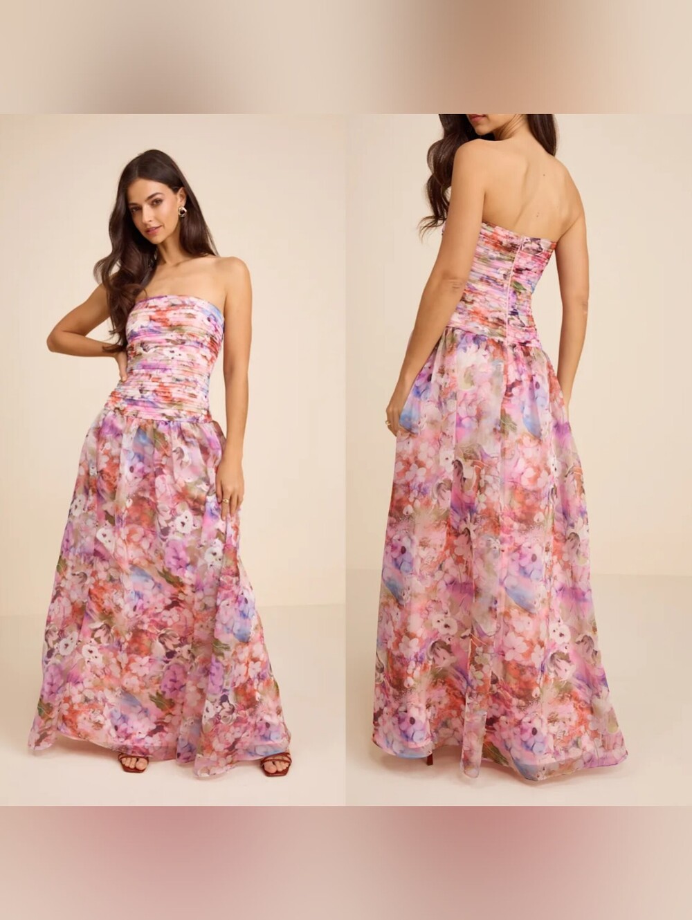 Lulus Kasandra Pink Multi Floral Organza Drop Waist Maxi Dress L Wedding Party